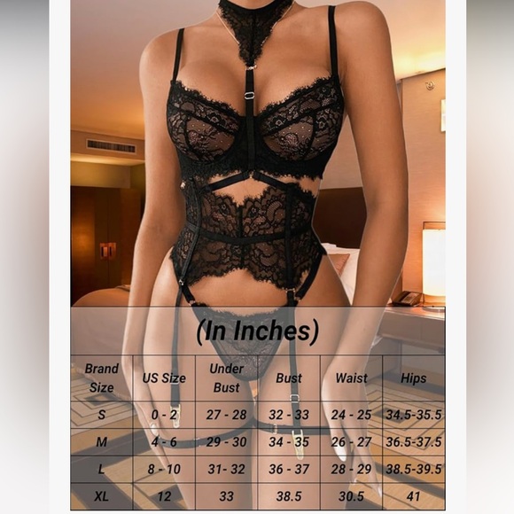 Neon Pink Lace 4 Piece Lingerie Set with Choker and Garters. - Picture 7 of 7